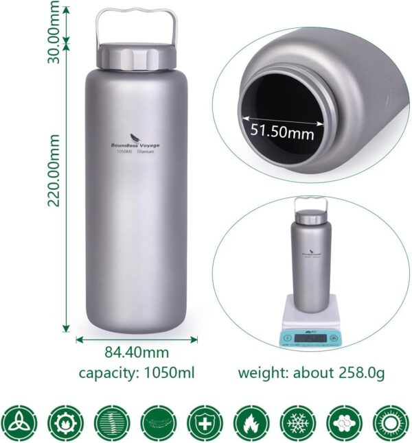 iBasingo 1050ml/35.5 oz Titanium Water Bottle with Handle Outdoor Leak-Proof Wide Mouth Sport Drinking Bottle Camping Tea Coffee Canteen Kettle for Hiking Climbing Running A-Ti3006D - Image 3