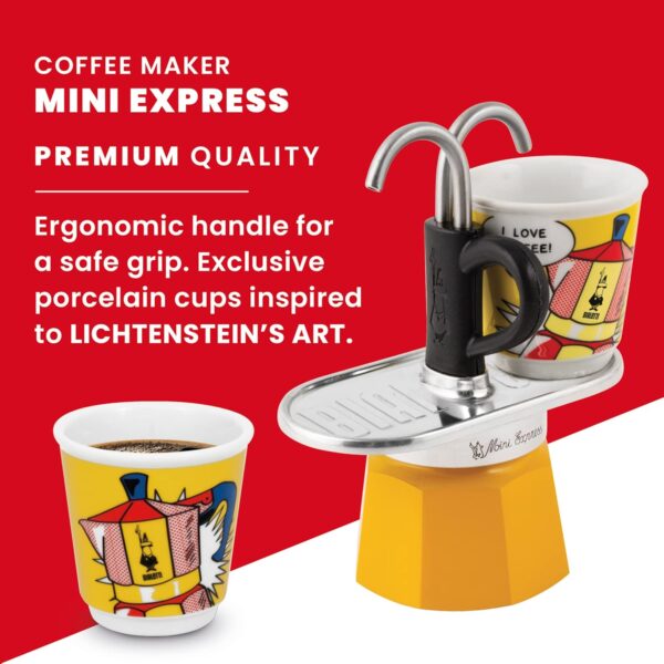 Bialetti - Mini Express Lichtenstein: Moka Set includes Coffee Maker 2-Cup (2.8 Oz) + 2 shot glasses, Yellow, Aluminium - Image 6