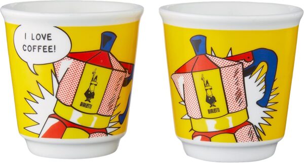 Bialetti - Mini Express Lichtenstein: Moka Set includes Coffee Maker 2-Cup (2.8 Oz) + 2 shot glasses, Yellow, Aluminium - Image 4