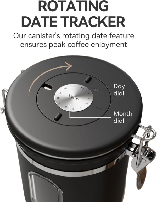 Veken Coffee Canister with Window, Airtight Stainless Steel Kitchen Food Storage Container with Lids, Date Tracker and Scoop for Grounds Coffee, Beans, Tea, Flour, Cereal, Sugar Jars, 16OZ, Black - Image 5