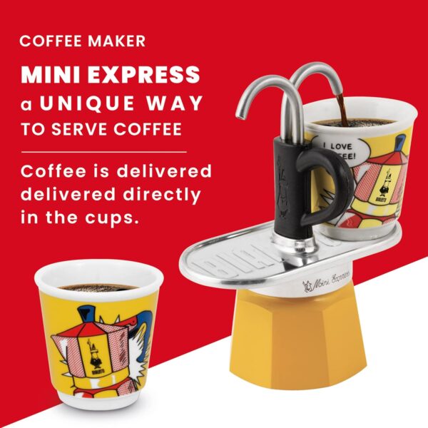 Bialetti - Mini Express Lichtenstein: Moka Set includes Coffee Maker 2-Cup (2.8 Oz) + 2 shot glasses, Yellow, Aluminium - Image 5