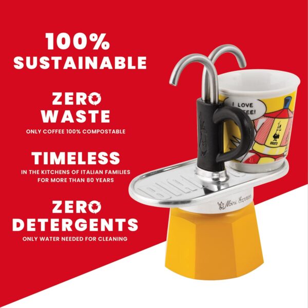 Bialetti - Mini Express Lichtenstein: Moka Set includes Coffee Maker 2-Cup (2.8 Oz) + 2 shot glasses, Yellow, Aluminium - Image 7