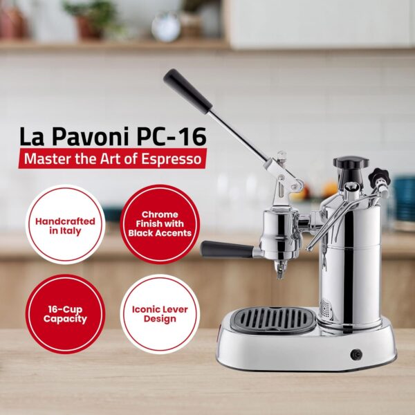 La Pavoni PC-16 Professional Espresso Machine - 16-Cup Capacity Lever Espresso Maker - Chrome Finish- Solid Brass 38oz Boiler - Dual Frothing Systems & Mounted Pressure Gauge - Made in Italy - Image 3