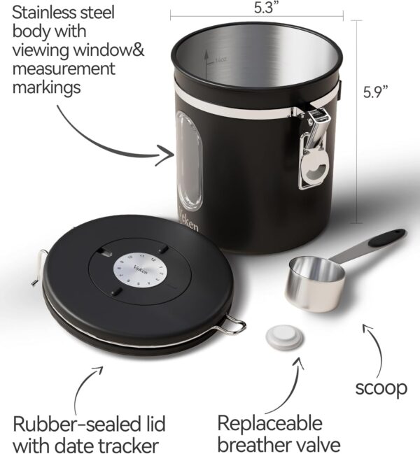Veken Coffee Canister with Window, Airtight Stainless Steel Kitchen Food Storage Container with Lids, Date Tracker and Scoop for Grounds Coffee, Beans, Tea, Flour, Cereal, Sugar Jars, 16OZ, Black - Image 3