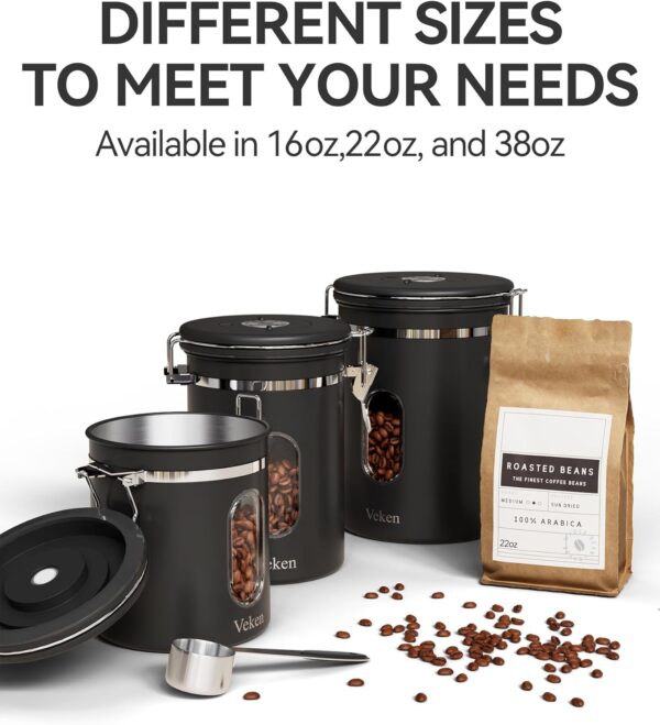 Veken Coffee Canister with Window, Airtight Stainless Steel Kitchen Food Storage Container with Lids, Date Tracker and Scoop for Grounds Coffee, Beans, Tea, Flour, Cereal, Sugar Jars, 16OZ, Black - Image 6