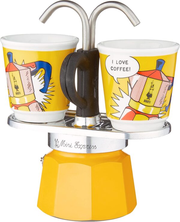 Bialetti - Mini Express Lichtenstein: Moka Set includes Coffee Maker 2-Cup (2.8 Oz) + 2 shot glasses, Yellow, Aluminium - Image 3