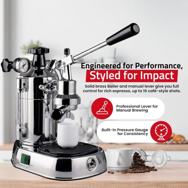 La Pavoni PC-16 Professional Espresso Machine - 16-Cup Capacity Lever Espresso Maker - Chrome Finish- Solid Brass 38oz Boiler - Dual Frothing Systems & Mounted Pressure Gauge - Made in Italy - Image 4