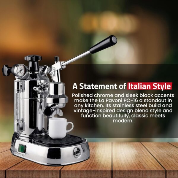 La Pavoni PC-16 Professional Espresso Machine - 16-Cup Capacity Lever Espresso Maker - Chrome Finish- Solid Brass 38oz Boiler - Dual Frothing Systems & Mounted Pressure Gauge - Made in Italy - Image 7