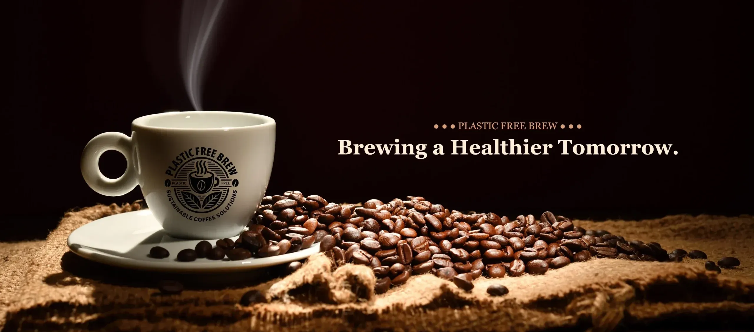 A-steaming-cup-of-coffee-with-Plastic-Free-Brew-logo-surrounded-by-coffee-beans-emphasizing-sustainability-for-a-healthier-future-1-scaled-e1747243203202