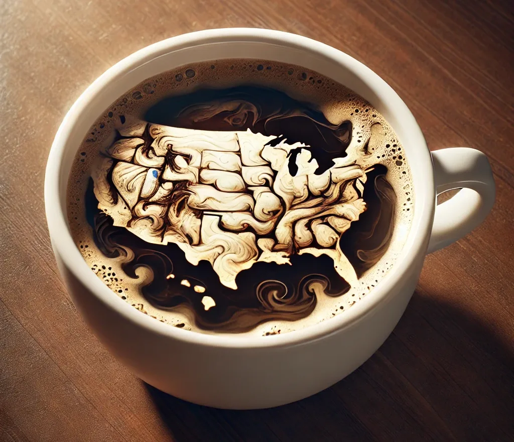 Map of the United States formed in the crema of a cup of black coffee, representing America's coffee habit
