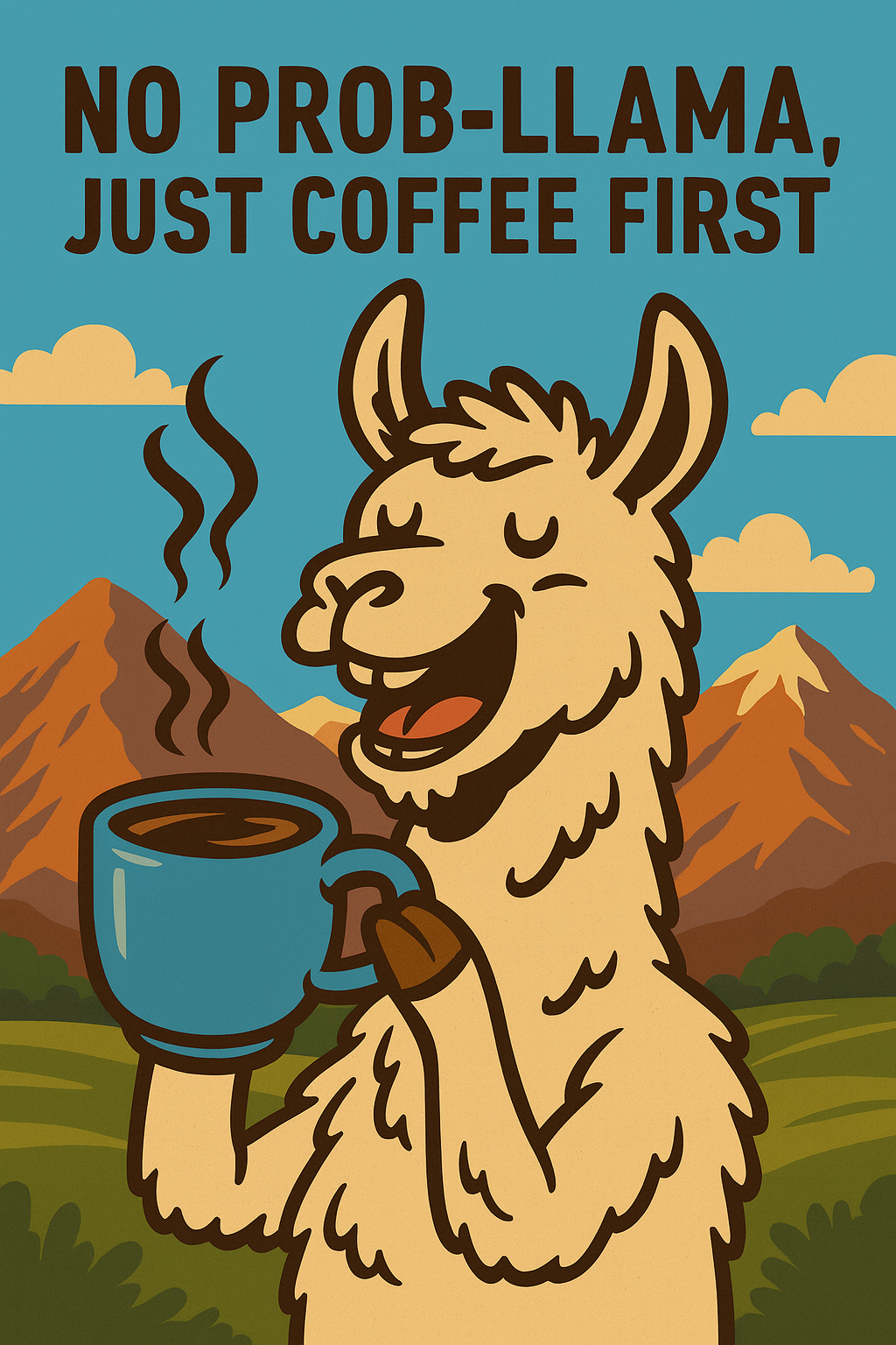 A Peruvian llama enjoys his Andean coffee