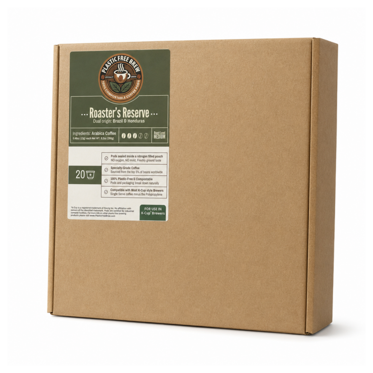 Plastic Free Brew Roaster's Reserve compostable coffee pods, 20-count box.