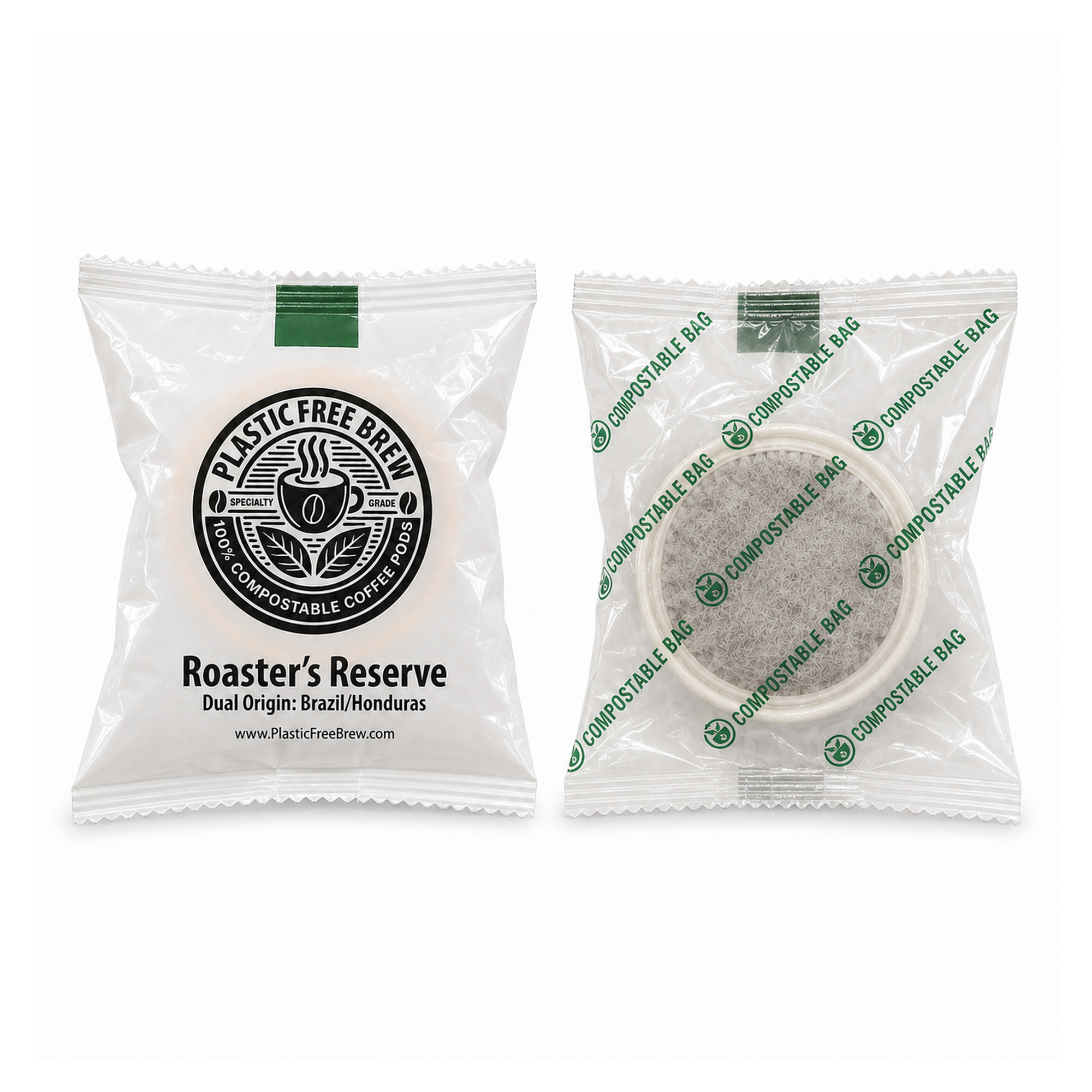 Plastic Free Brew Roaster's Reserve single-serve coffee pod, sealed fresh in a compostable wrapper.