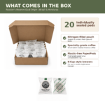 What comes in the box: 20 individually sealed Roaster's Reserve coffee pods in a nitrogen-filled pouch, specialty-grade coffee, plastic-free PaperPods, compatible with most K-Cup style brewers