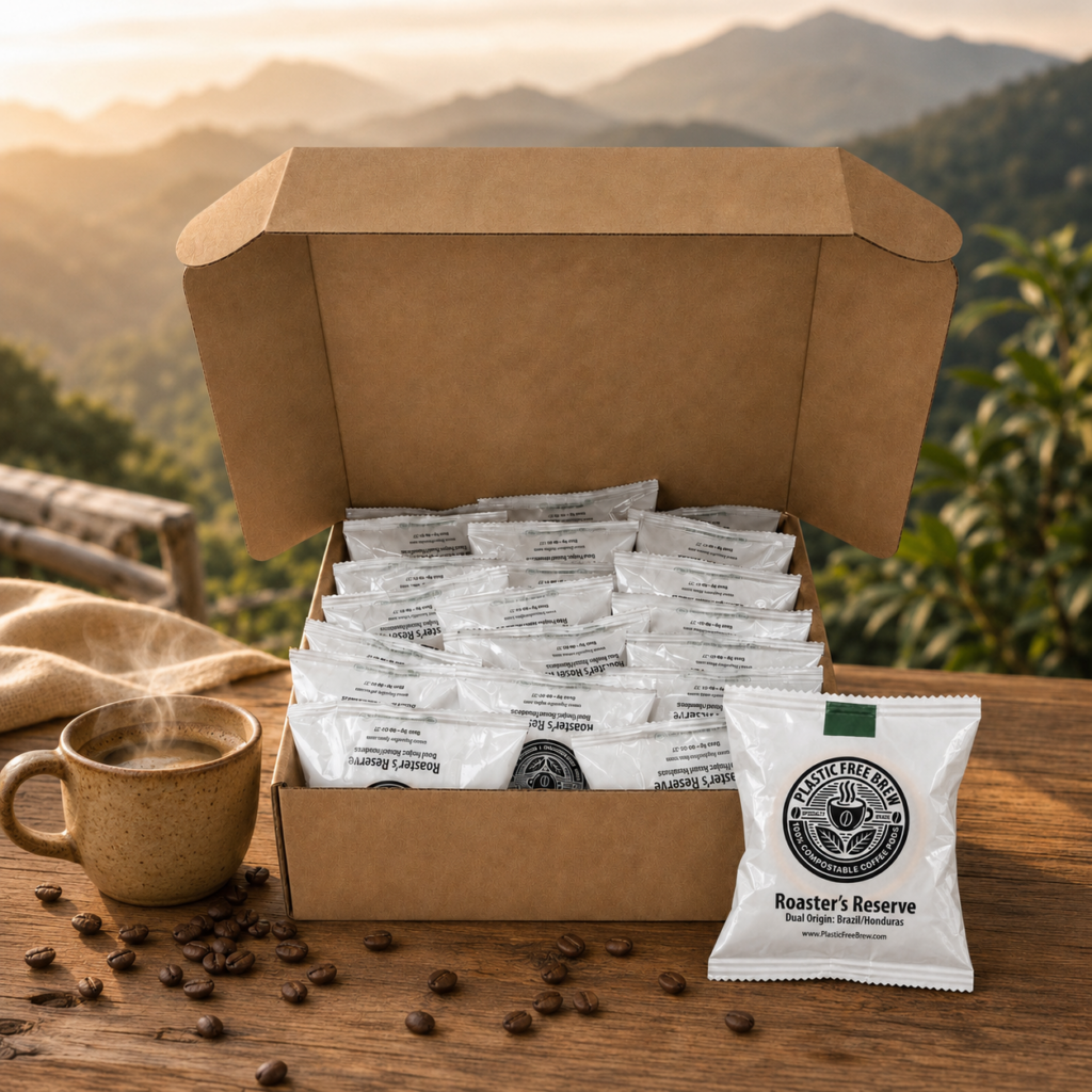 Plastic Free Brew Roaster's Reserve compostable coffee pods with coffee at a mountain coffee farm.
