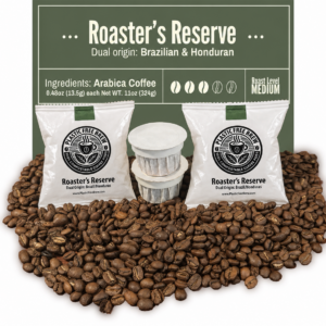 Plastic Free Brew Roaster's Reserve compostable coffee pods, dual-origin Brazil and Honduras.