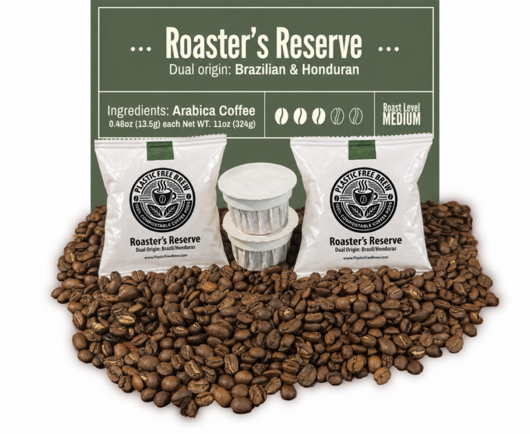 Plastic Free Brew Roaster's Reserve compostable coffee pods, dual-origin Brazil and Honduras.