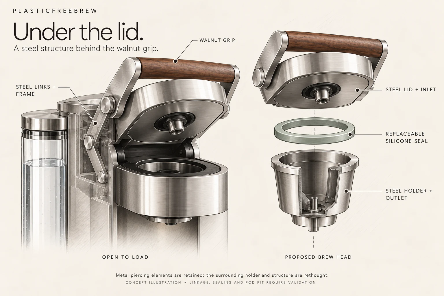 Concept study showing a rear-hinged lid with a walnut front grip and an exploded view of the proposed brew head and fixed lower pod holder.