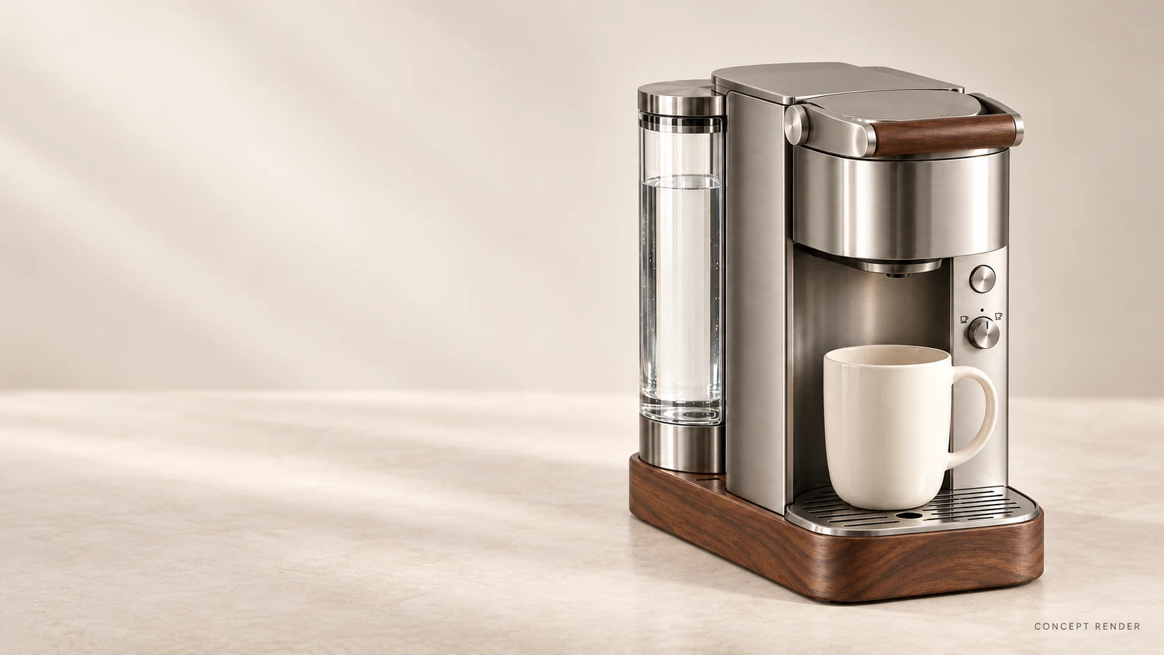 PlasticFreeBrew machine concept with brushed steel body, glass reservoir, walnut grip and walnut base.