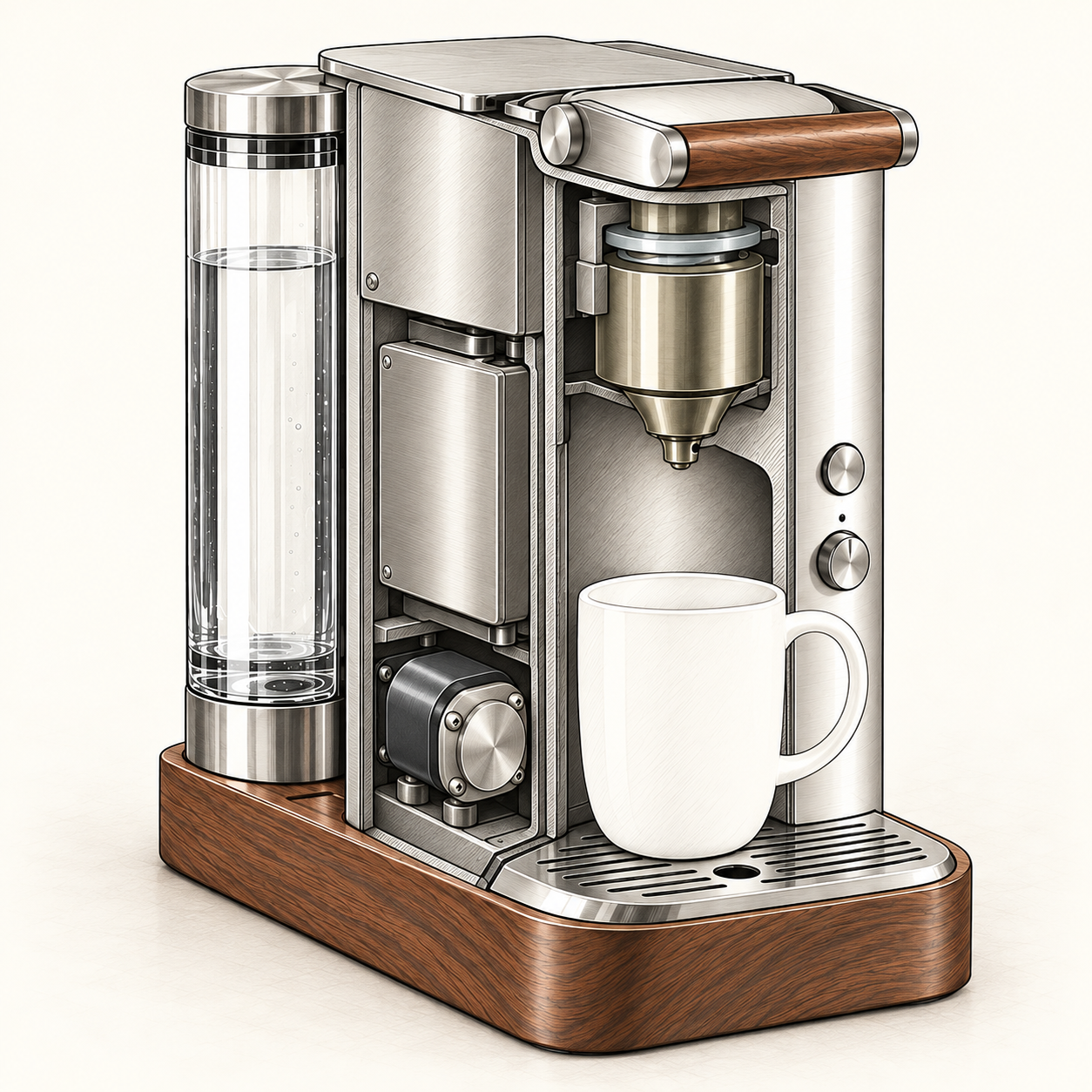 Simplified PlasticFreeBrew concept cutaway showing a glass reservoir, cold pump module, steel-clad heater, steel brew assembly and external walnut base and grip.